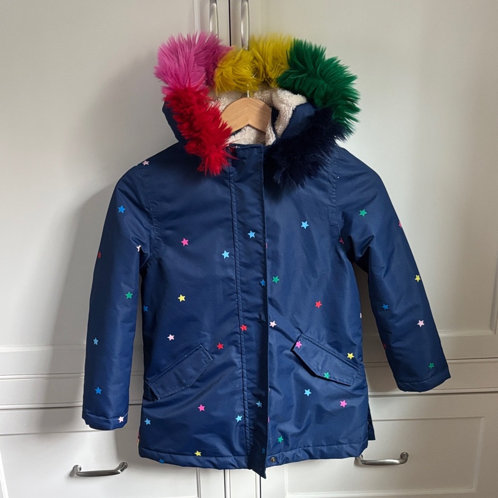 Mini Boden Blue Star Print Jacket with Multicolor Fur Trim (Size 7/8)